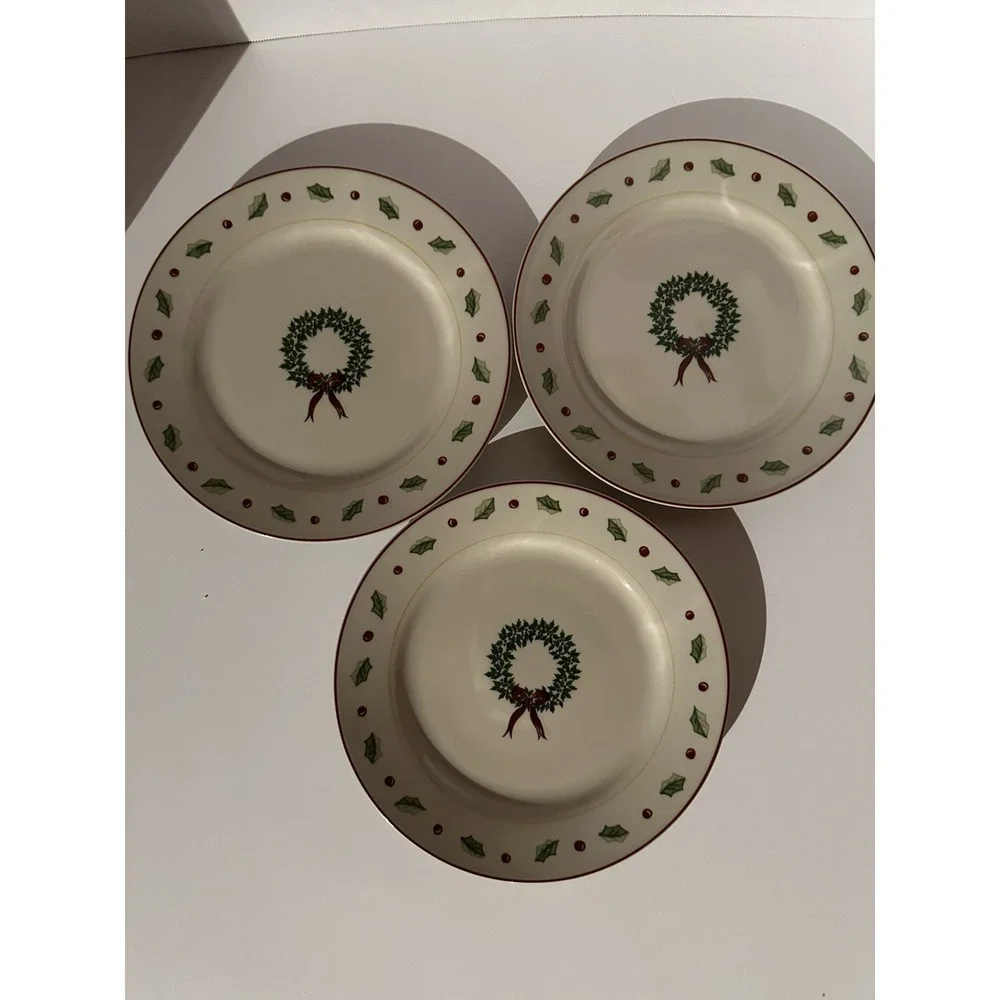 Merry Brite Dessert Plate Set of 3 Wreath Design Salad Appetizers Christmas